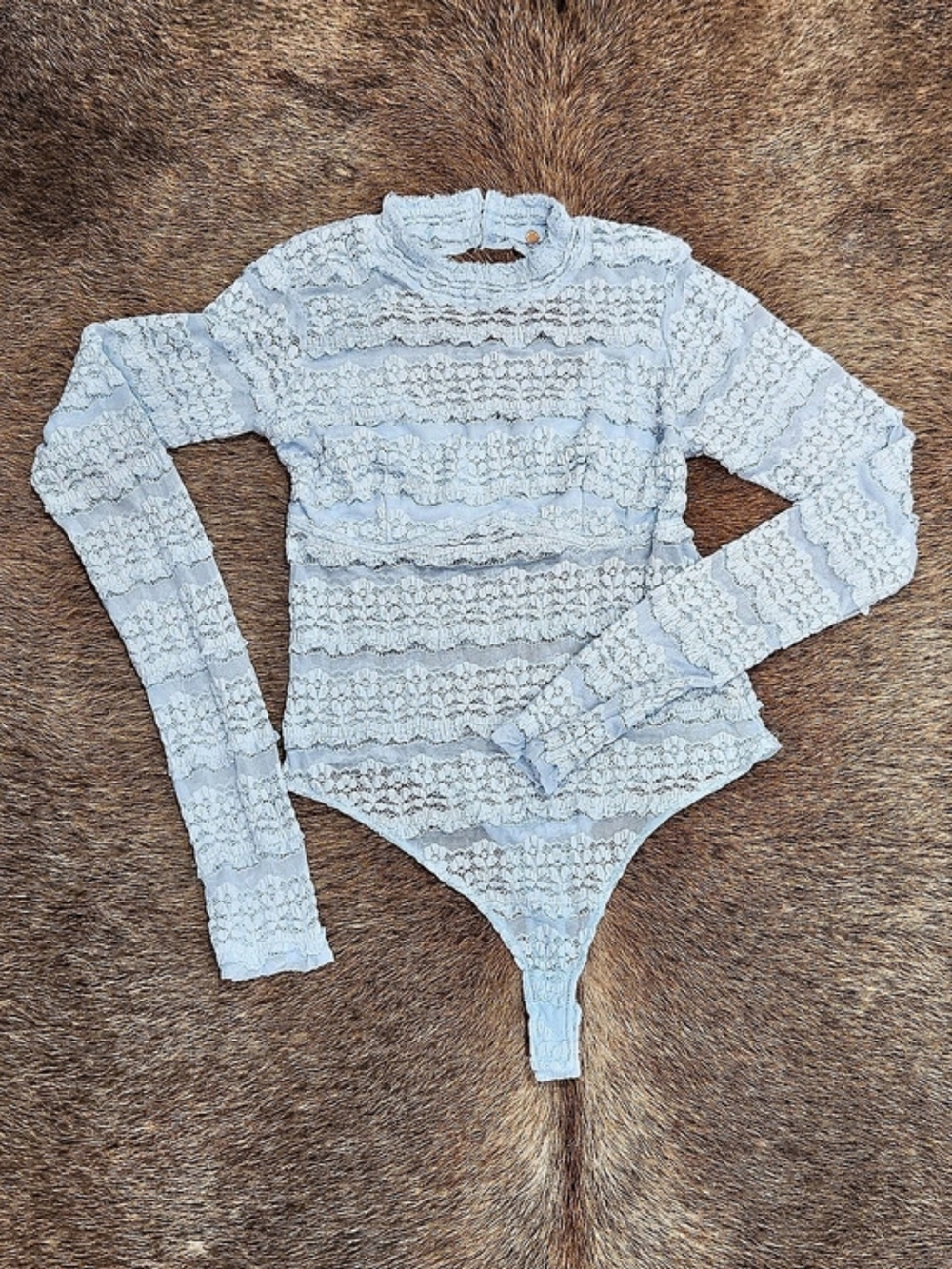 Free People One Lace Long Sleeve Bodysuit in Blue